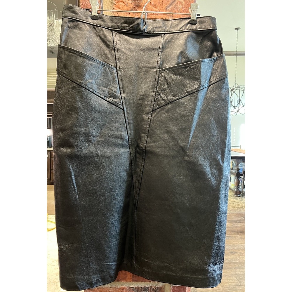 Vintage Fiore Black Leather Midi Pencil Skirt Sz 18(12-14) Large Pockets